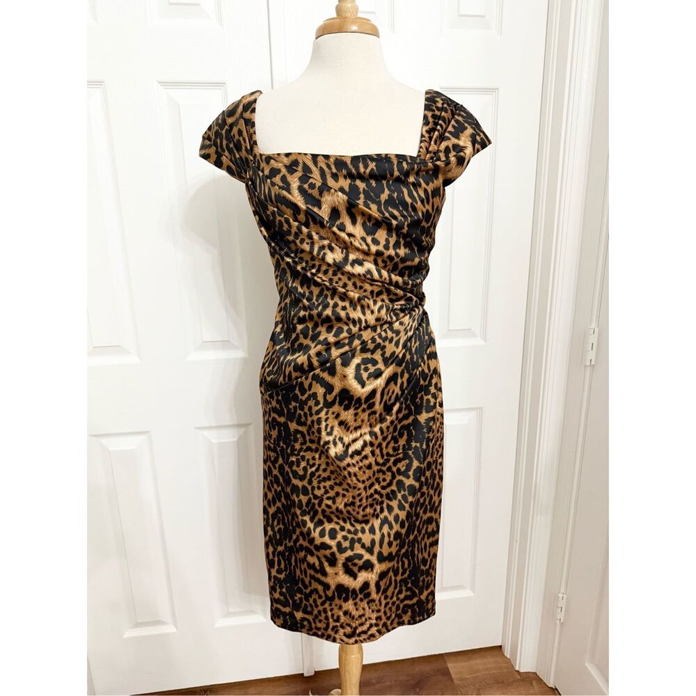 Tadashi‎ Tan Black Leopard Ruched Square Neck Cap Sleeve Sheath Dress Size 8